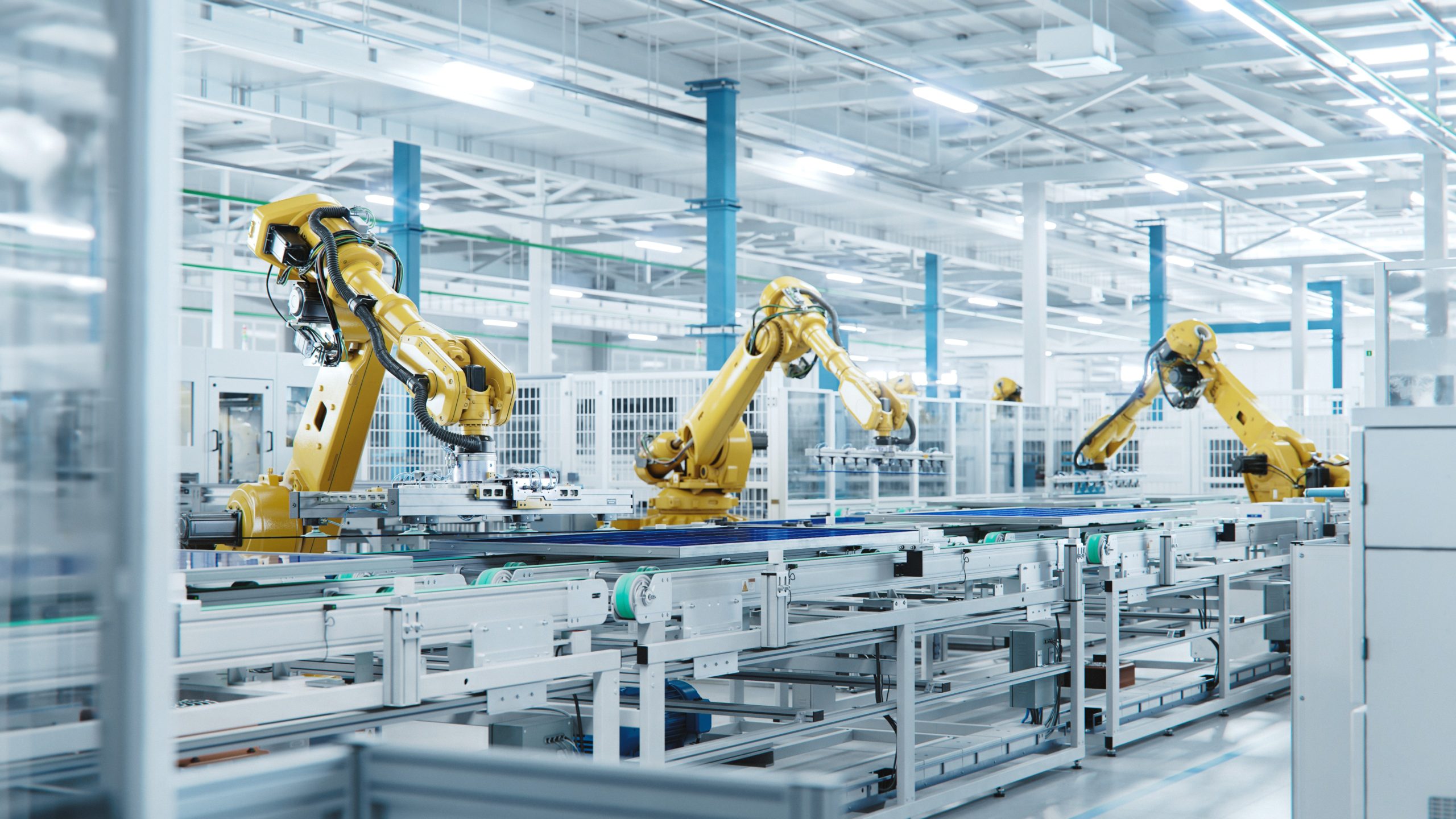 Container house production line at the HUAYING plant, steel frames in assembly bays