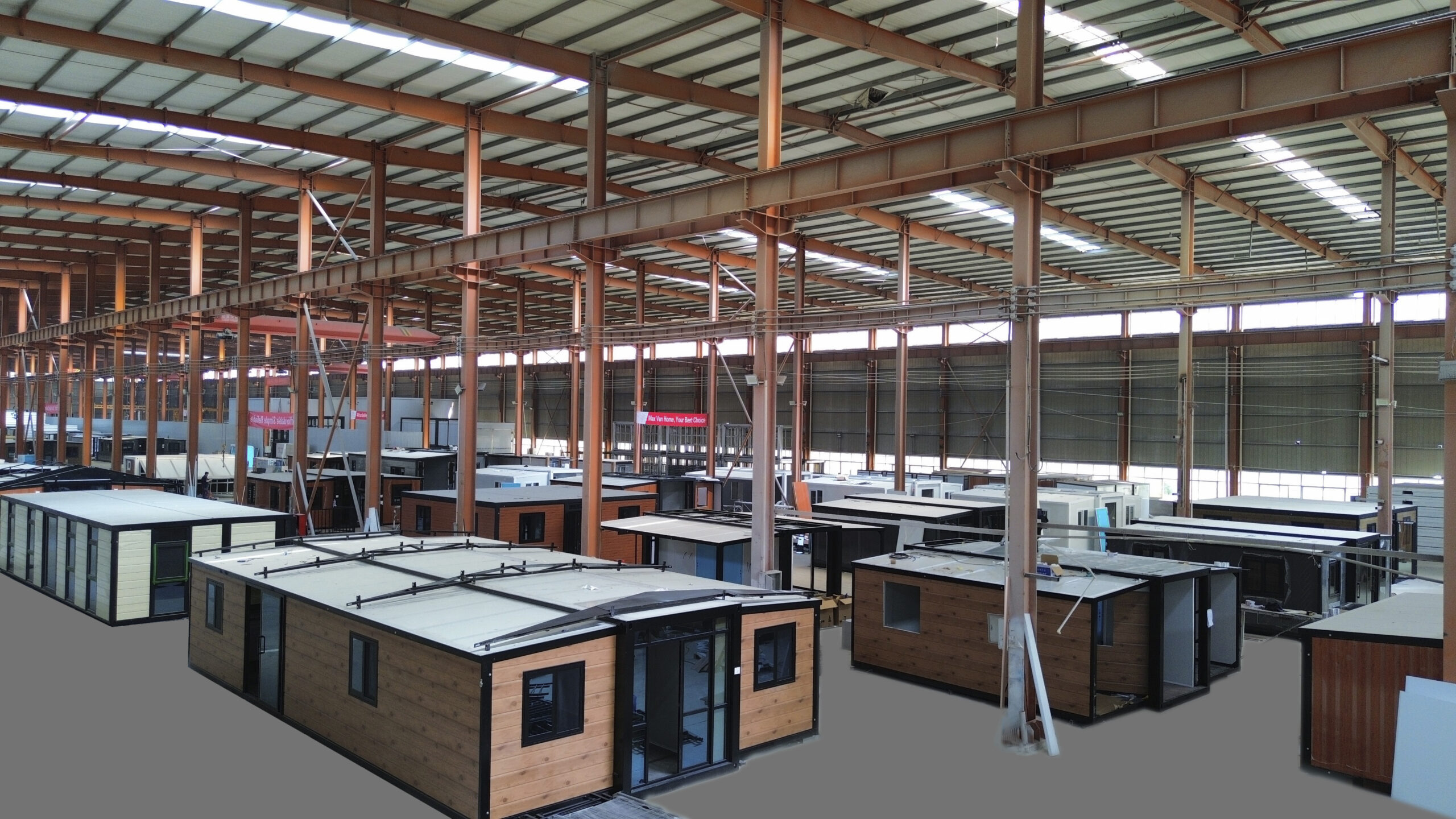 Container house production floor HUAYING container house factory production floor with modules under assembly