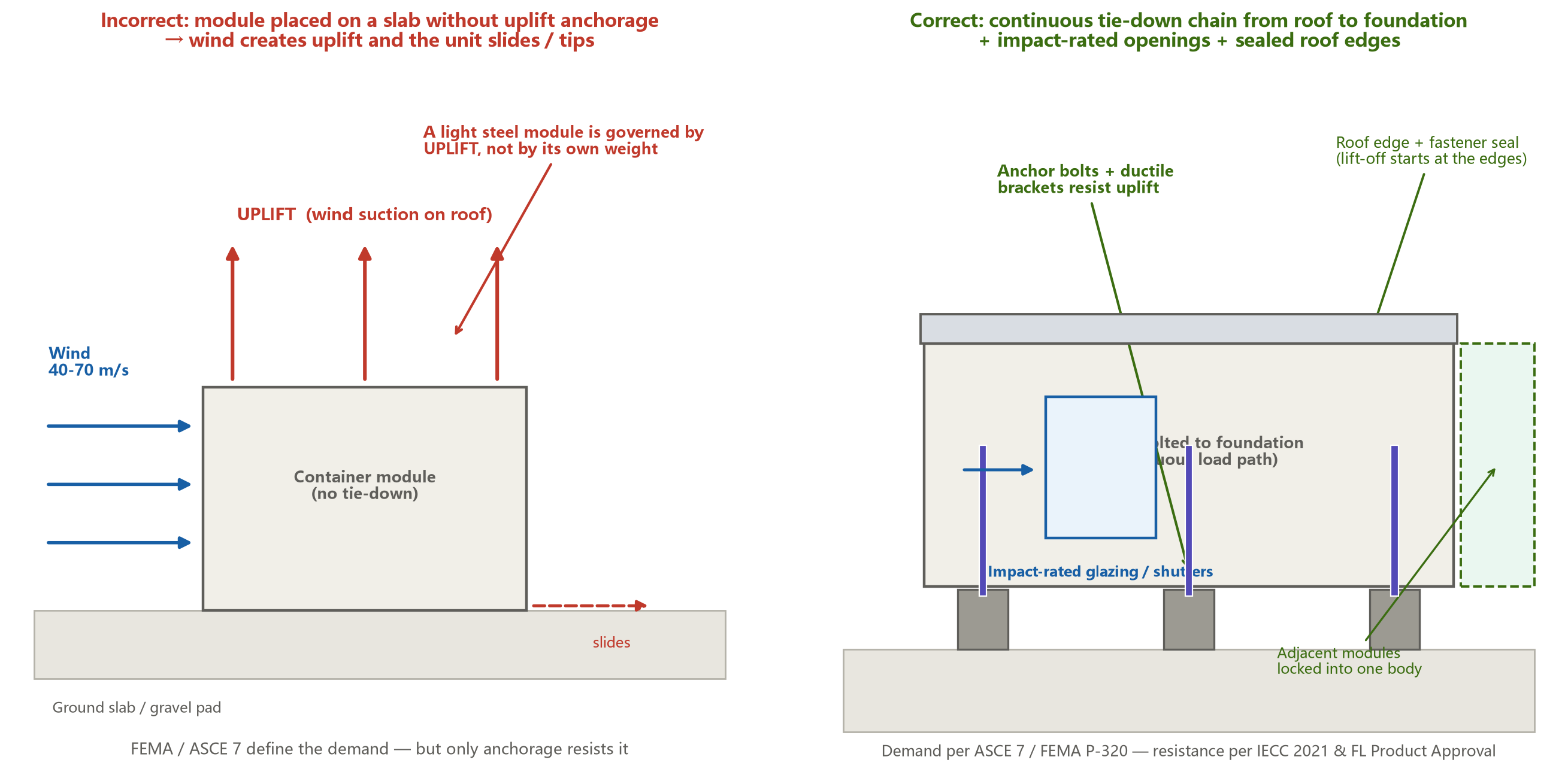 Wind anchorage principle for container houses in hurricane zones - incorrect gravity-seated module versus correct continuous tie-down chain